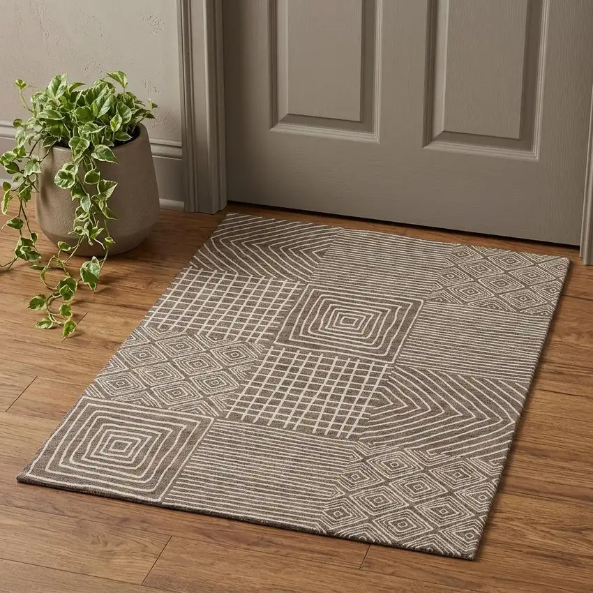 Brown And Beige Geometric Washable Area Rug With UV Protection Photo 1