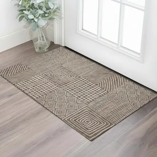 Brown And Beige Geometric Washable Area Rug With UV Protection Photo 2