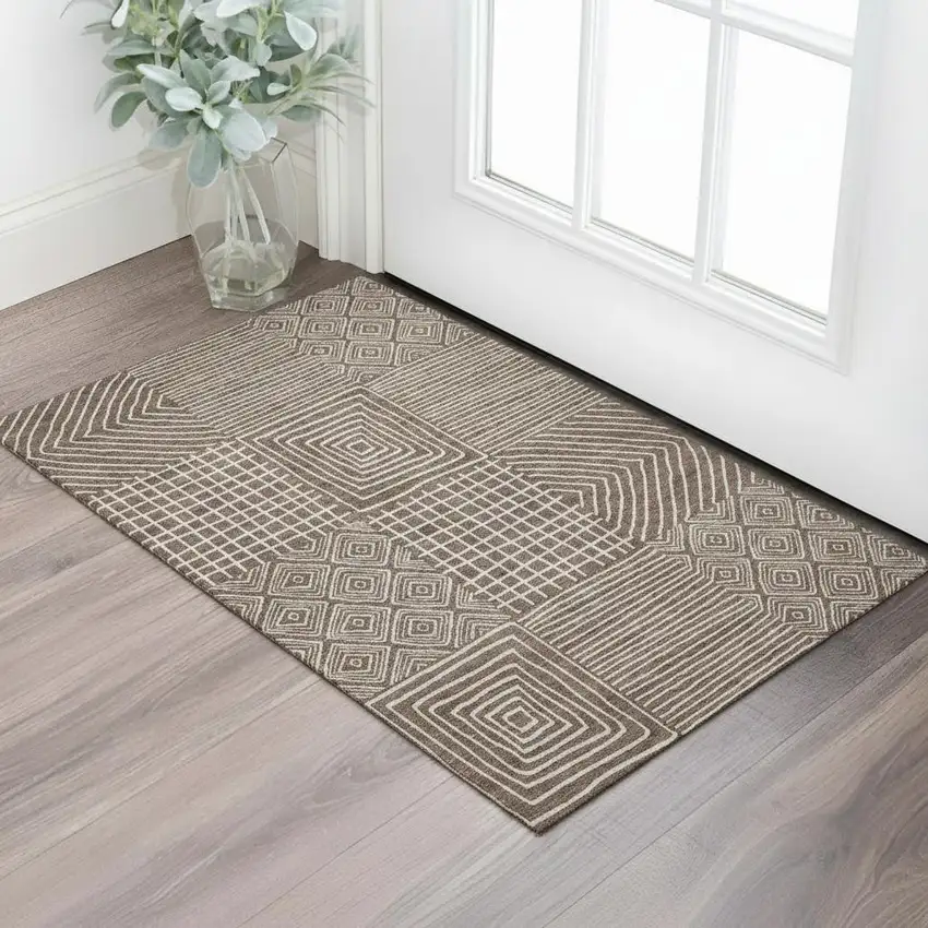 Brown And Beige Geometric Washable Area Rug With UV Protection Photo 2