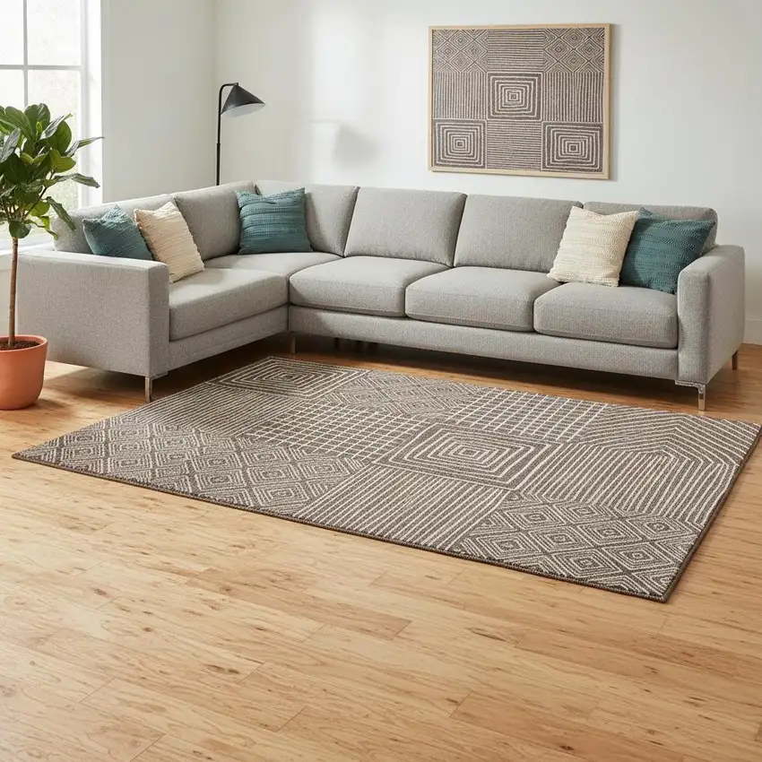 Brown And Beige Geometric Washable Area Rug With UV Protection Photo 2