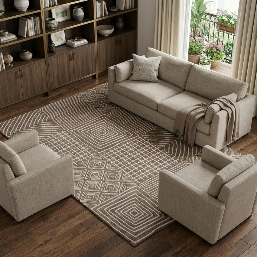 Brown And Beige Geometric Washable Area Rug With UV Protection Photo 1