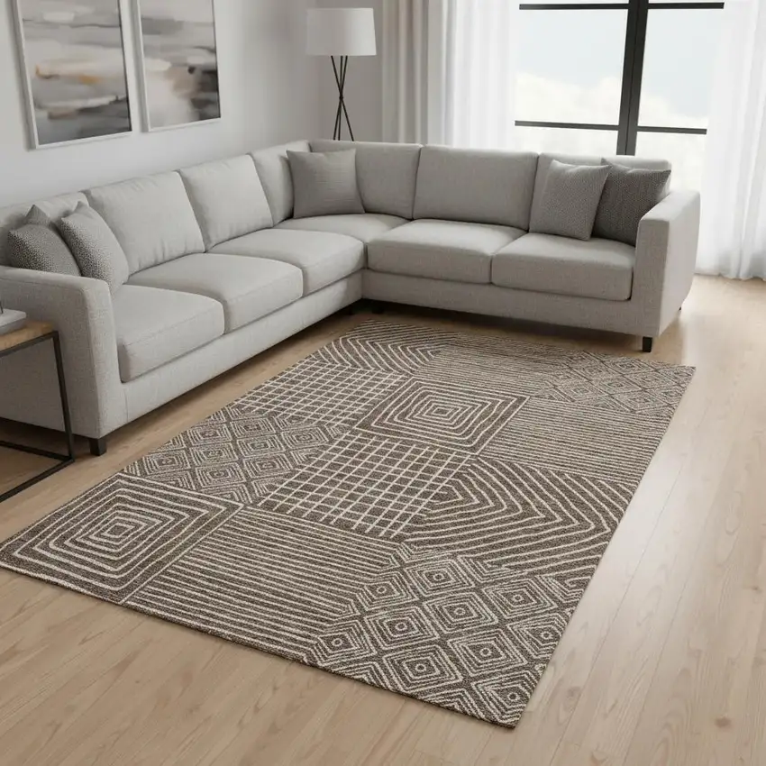 Brown And Beige Geometric Washable Area Rug With UV Protection Photo 2