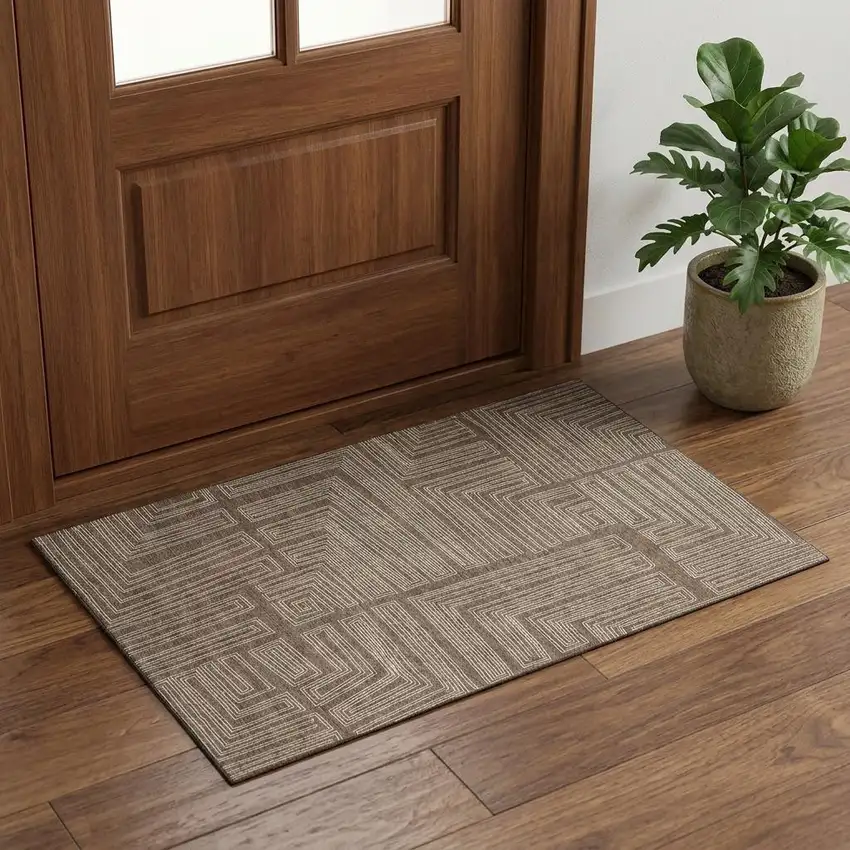 Brown And Beige Geometric Washable Area Rug With UV Protection Photo 1