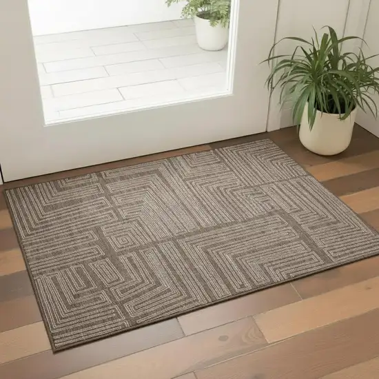 Brown And Beige Geometric Washable Area Rug With UV Protection Photo 2