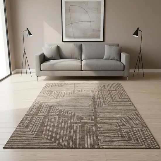 Brown And Beige Geometric Washable Area Rug With UV Protection Photo 2