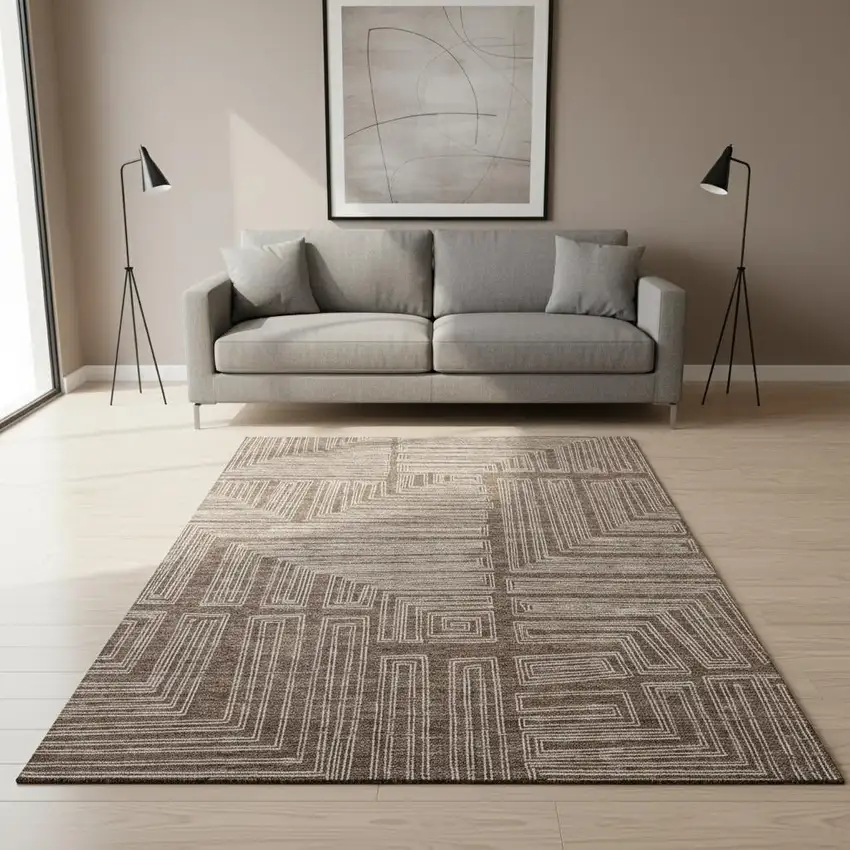Brown And Beige Geometric Washable Area Rug With UV Protection Photo 2