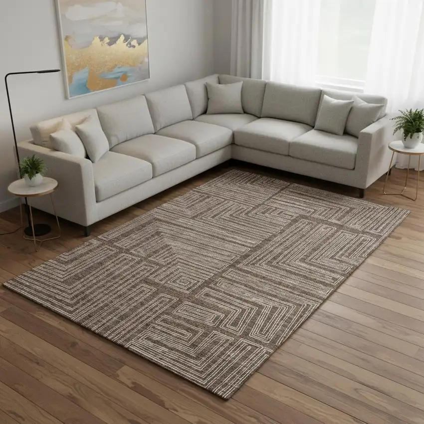Brown And Beige Geometric Washable Area Rug With UV Protection Photo 2