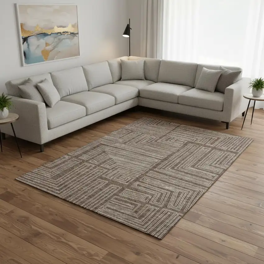 Brown And Beige Geometric Washable Area Rug With UV Protection Photo 2