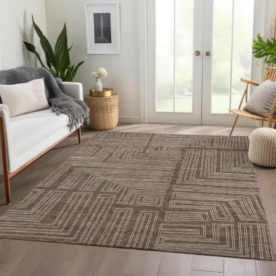 Brown And Beige Geometric Washable Area Rug With UV Protection Photo 4