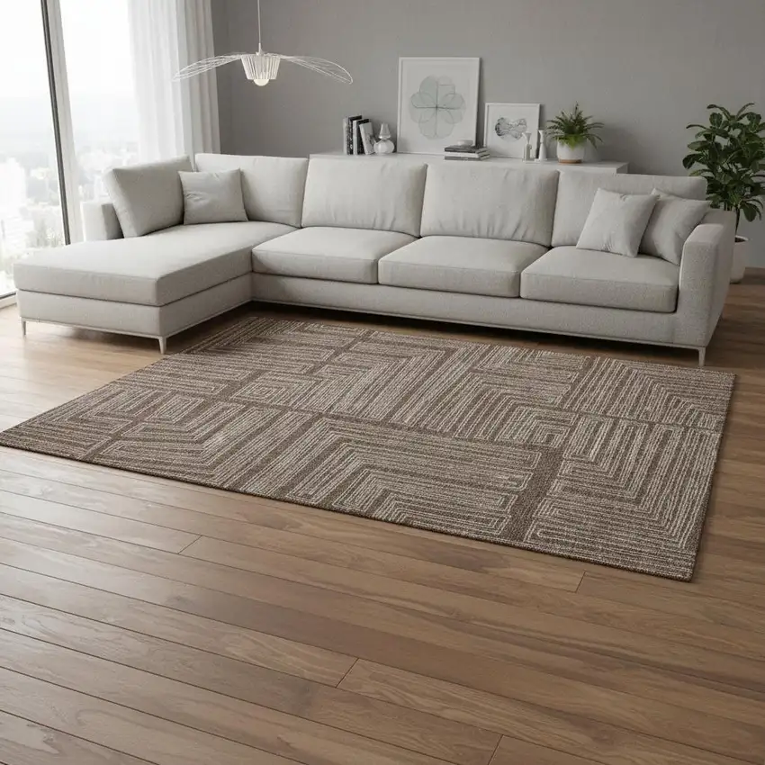 Brown And Beige Geometric Washable Area Rug With UV Protection Photo 2