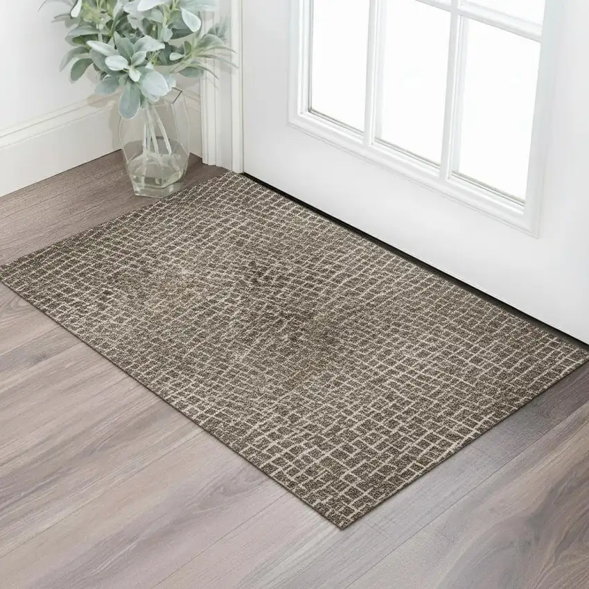 Brown And Beige Geometric Washable Area Rug With UV Protection Photo 2