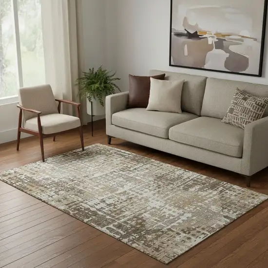 Brown And Beige Geometric Washable Area Rug With UV Protection Photo 2