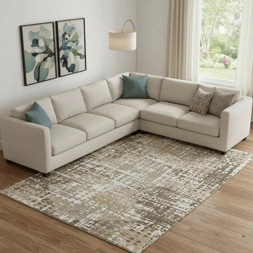 Brown And Beige Geometric Washable Area Rug With UV Protection Photo 2