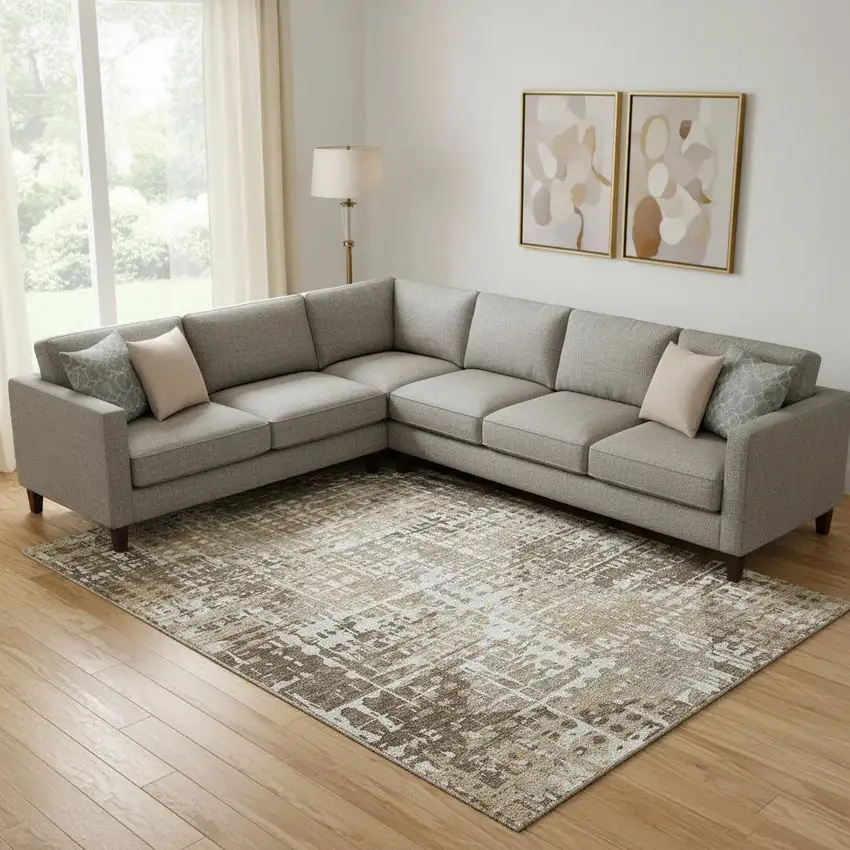 Brown And Beige Geometric Washable Area Rug With UV Protection Photo 2