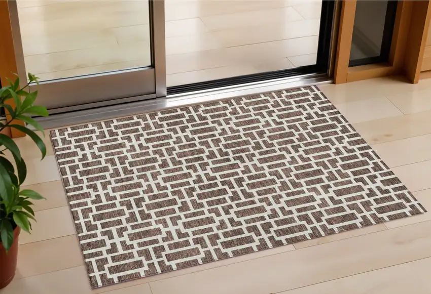 Brown And Beige Geometric Washable Indoor Outdoor Area Rug Photo 1