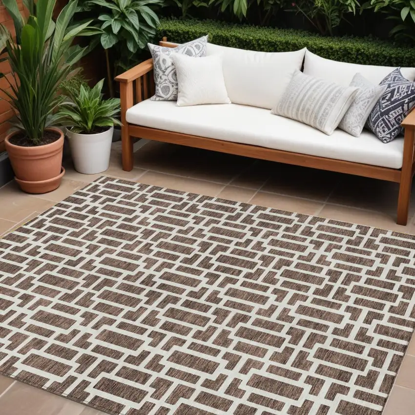 Brown And Beige Geometric Washable Indoor Outdoor Area Rug Photo 1
