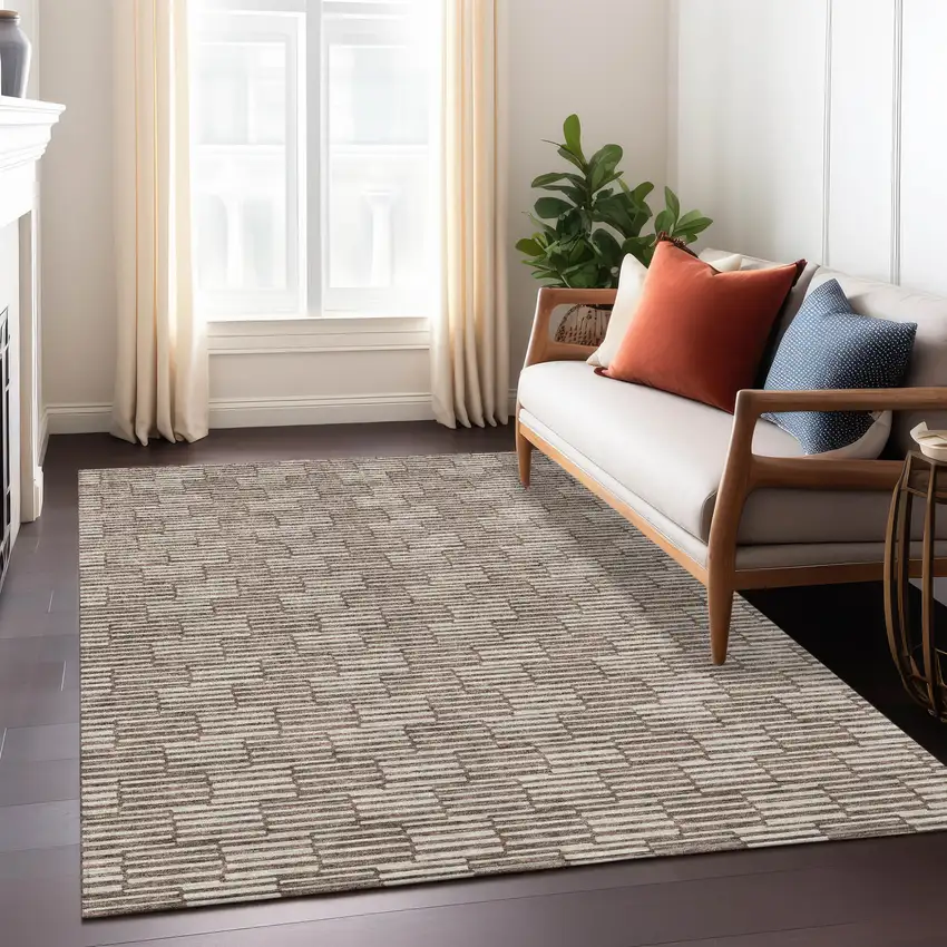 Brown And Beige Geometric Washable Indoor Outdoor Area Rug Photo 9