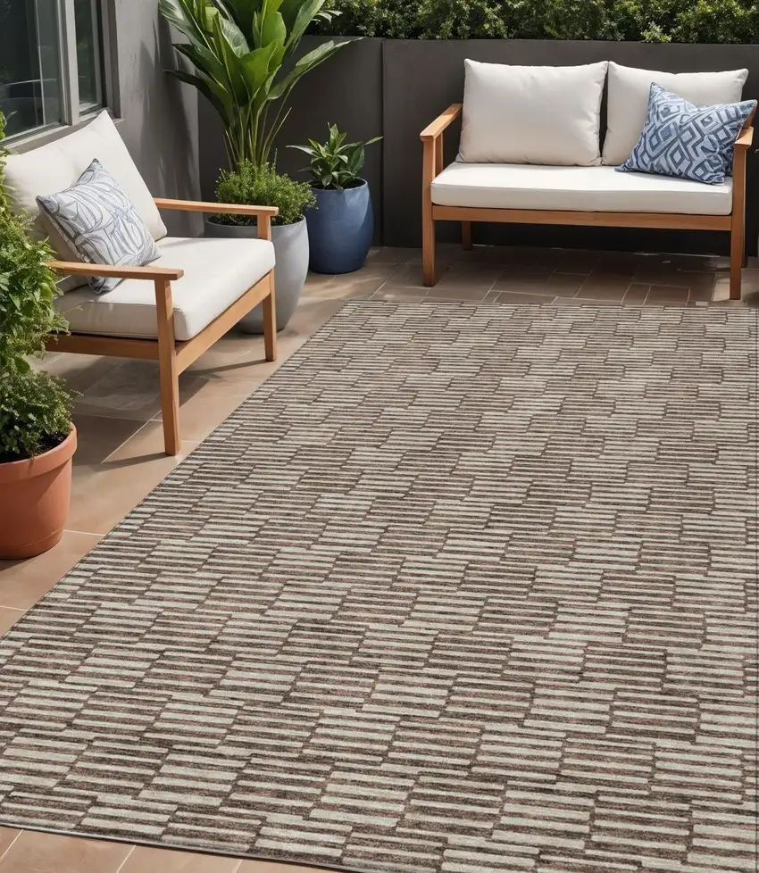 Brown And Beige Geometric Washable Indoor Outdoor Area Rug Photo 1