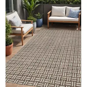 Photo of Brown And Beige Geometric Washable Indoor Outdoor Area Rug