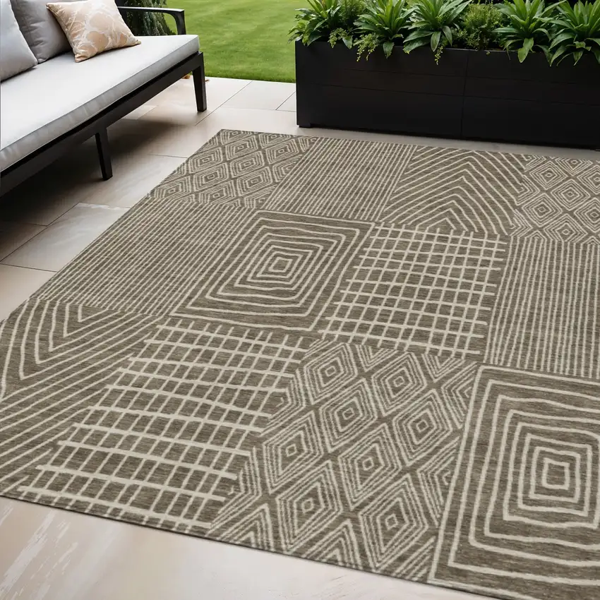 Brown And Beige Geometric Washable Indoor Outdoor Area Rug Photo 1