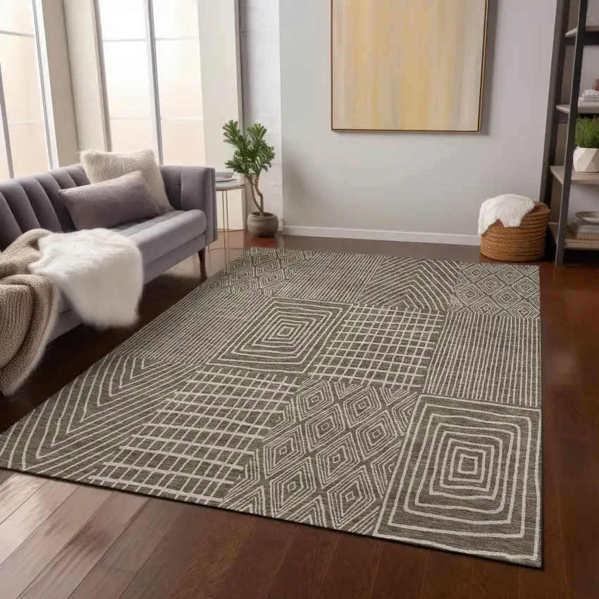 Brown And Beige Geometric Washable Indoor Outdoor Area Rug Photo 9