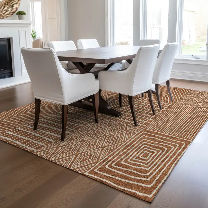 Brown And Beige Geometric Washable Indoor Outdoor Area Rug Photo 9