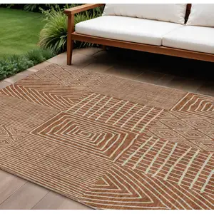Photo of Brown And Beige Geometric Washable Indoor Outdoor Area Rug