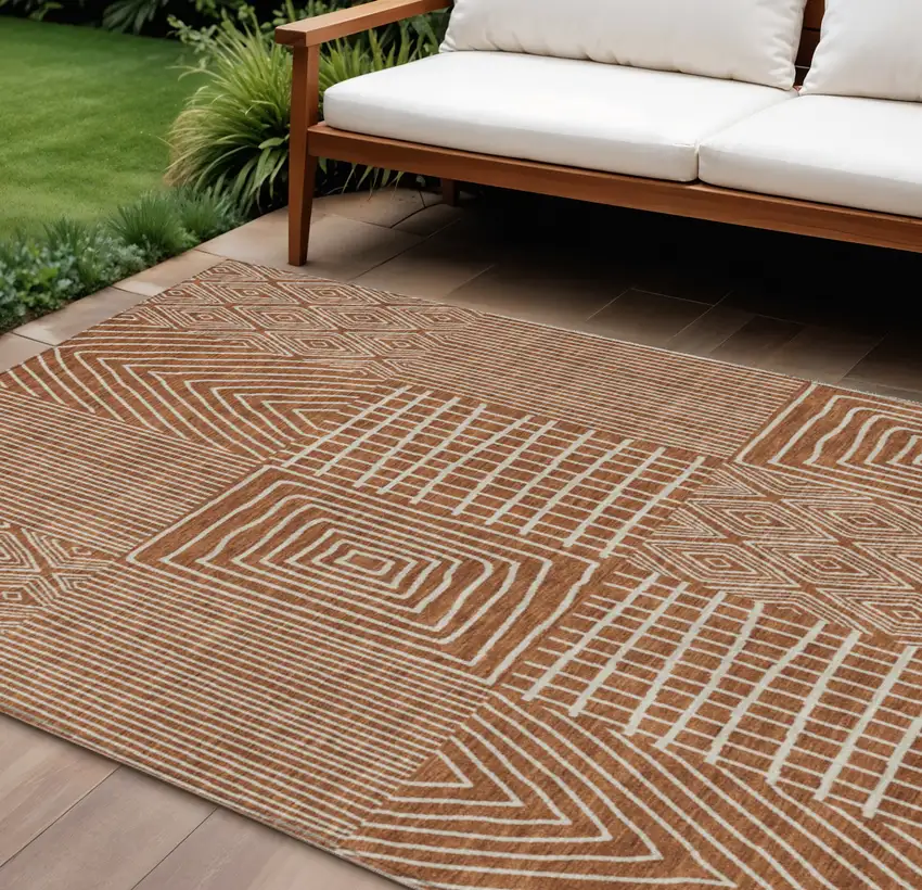 Brown And Beige Geometric Washable Indoor Outdoor Area Rug Photo 1