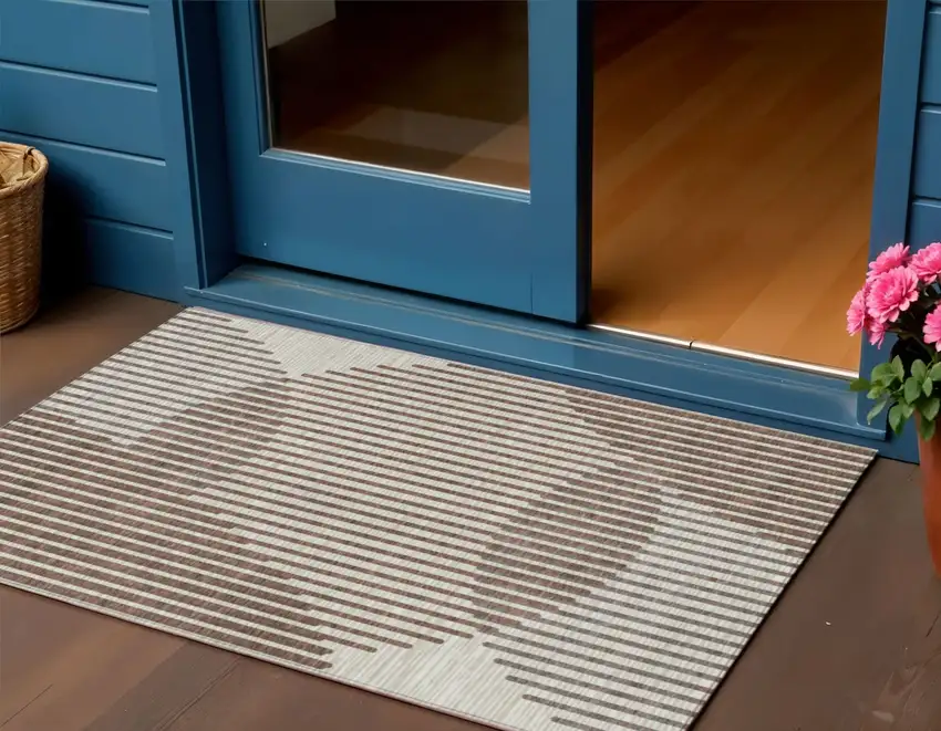 Brown And Beige Geometric Washable Indoor Outdoor Area Rug Photo 1