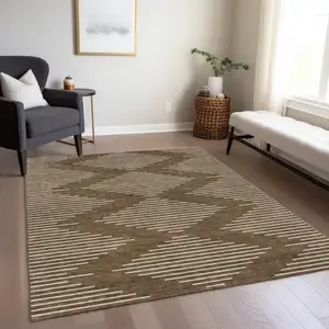 Photo of Brown And Beige Geometric Washable Indoor Outdoor Area Rug