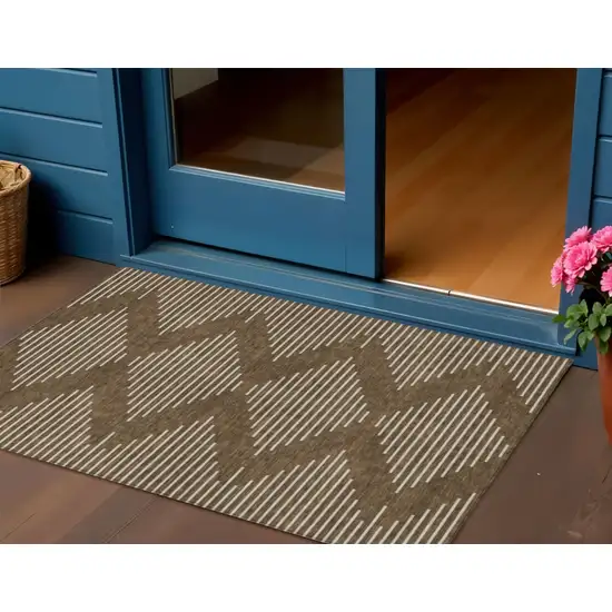 Brown And Beige Geometric Washable Indoor Outdoor Area Rug Photo 1