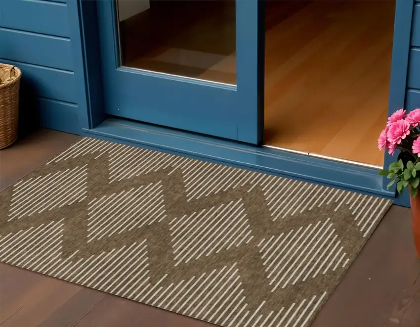 Brown And Beige Geometric Washable Indoor Outdoor Area Rug Photo 1