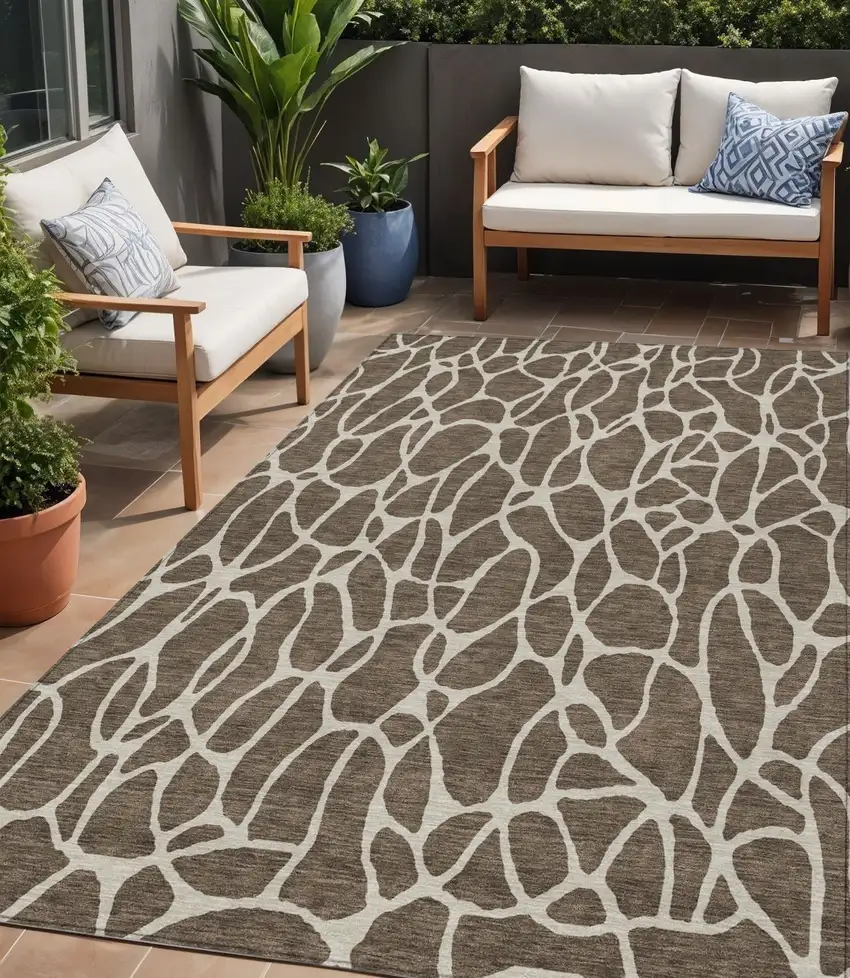 Brown And Beige Geometric Washable Indoor Outdoor Area Rug Photo 1