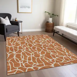 Photo of Brown And Beige Geometric Washable Indoor Outdoor Area Rug