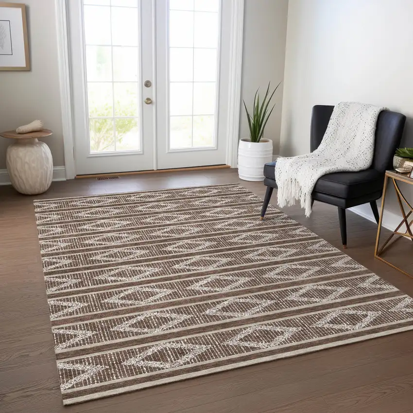 Brown And Beige Geometric Washable Indoor Outdoor Area Rug Photo 9