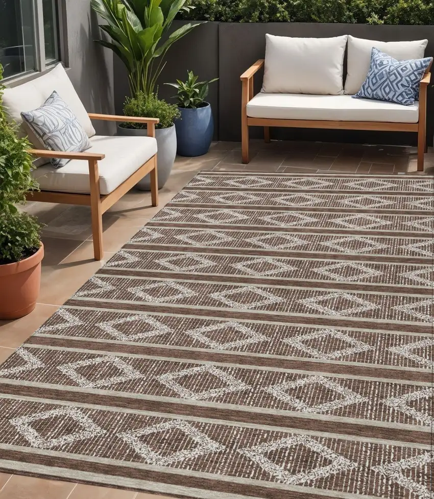 Brown And Beige Geometric Washable Indoor Outdoor Area Rug Photo 1