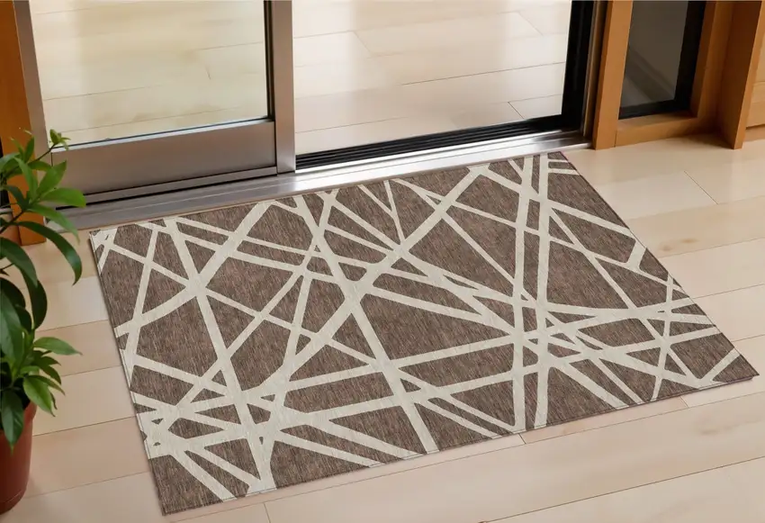 Brown And Beige Geometric Washable Indoor Outdoor Area Rug Photo 1