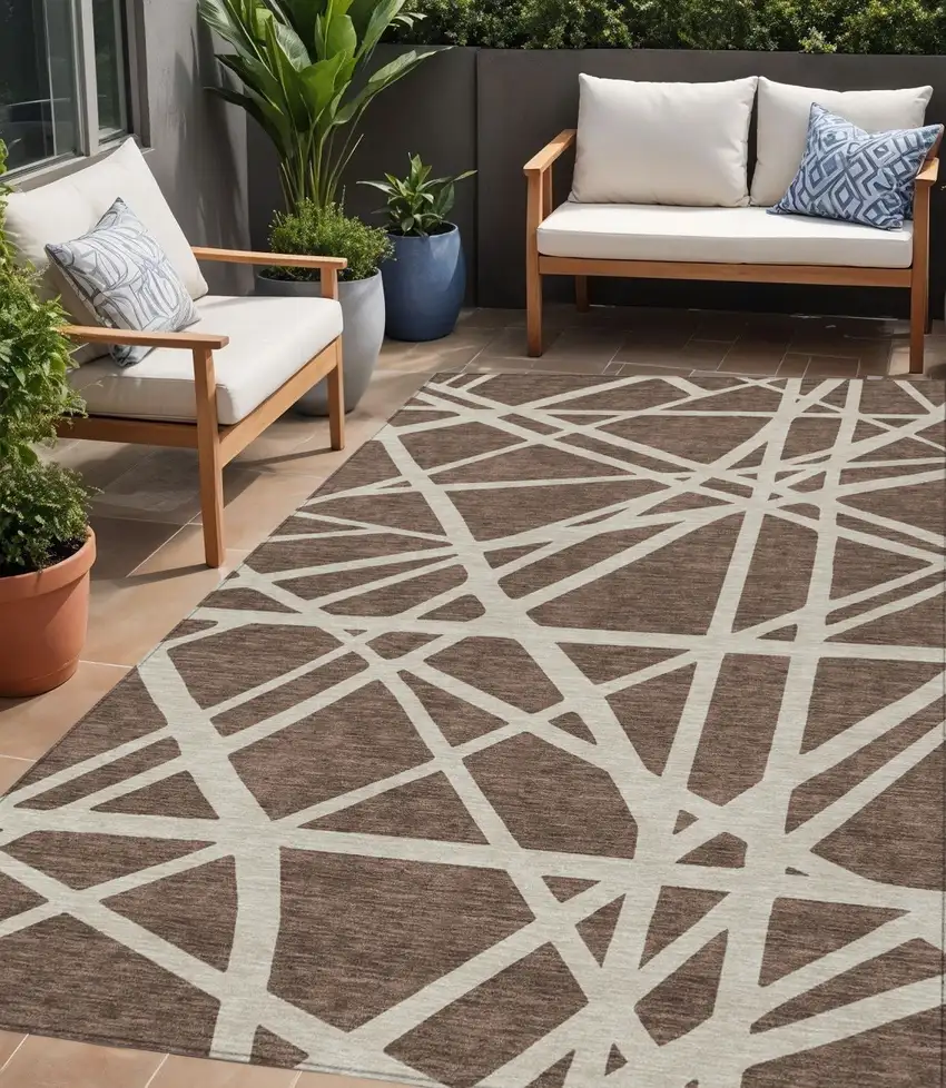 Brown And Beige Geometric Washable Indoor Outdoor Area Rug Photo 1