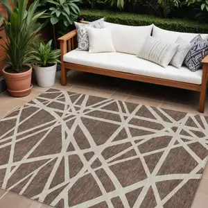 Photo of Brown And Beige Geometric Washable Indoor Outdoor Area Rug