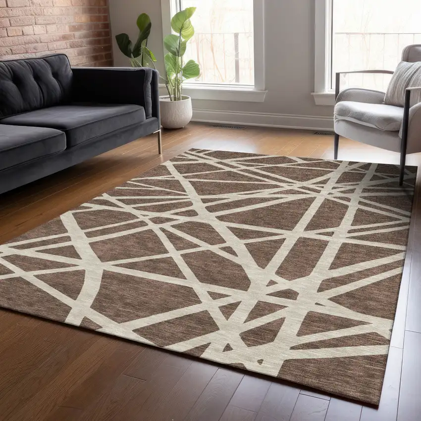 Brown And Beige Geometric Washable Indoor Outdoor Area Rug Photo 9