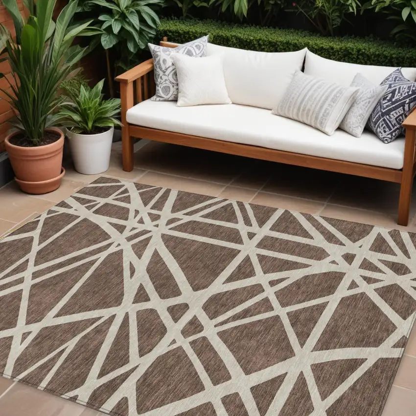 Brown And Beige Geometric Washable Indoor Outdoor Area Rug Photo 1