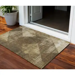 Photo of Brown And Beige Geometric Washable Indoor Outdoor Area Rug