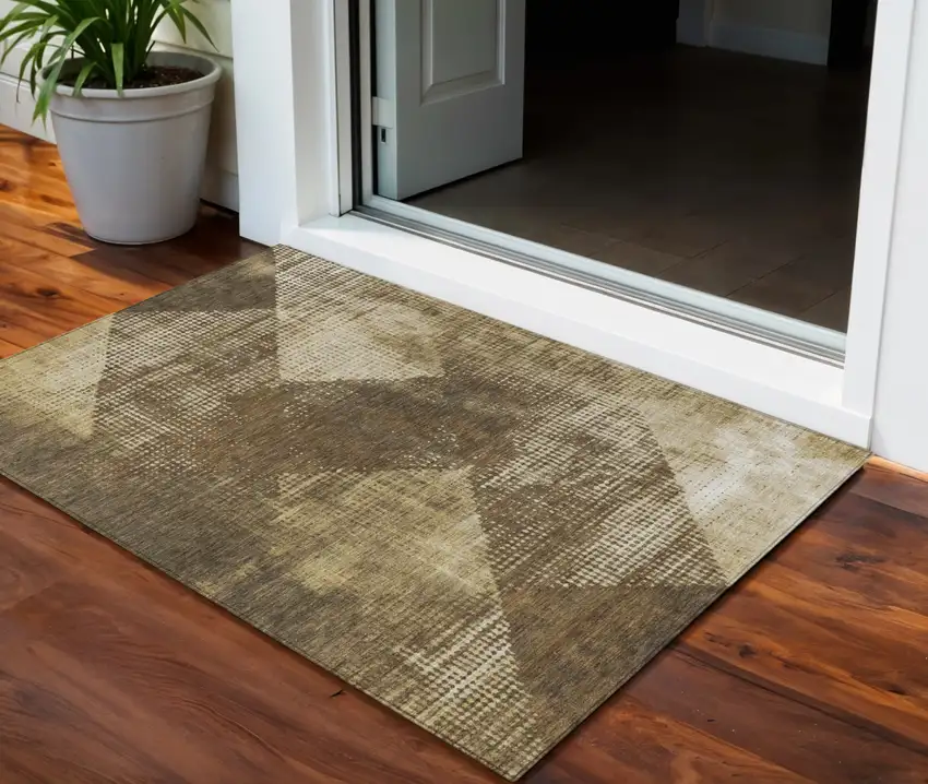 Brown And Beige Geometric Washable Indoor Outdoor Area Rug Photo 1