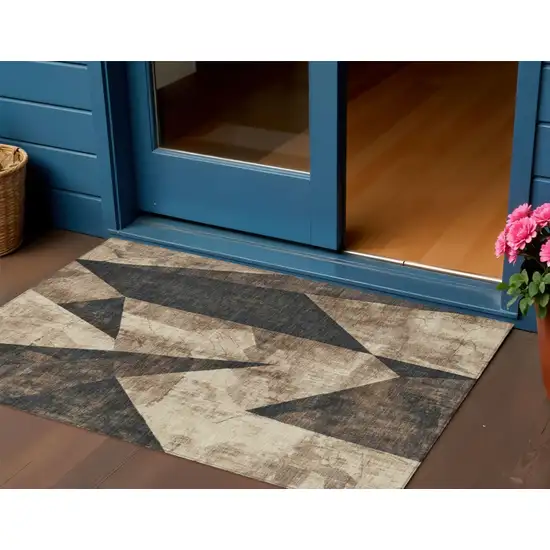 Brown And Beige Geometric Washable Indoor Outdoor Area Rug Photo 2