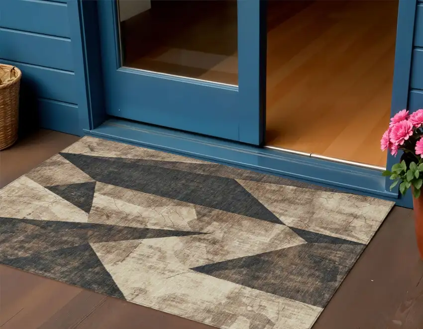 Brown And Beige Geometric Washable Indoor Outdoor Area Rug Photo 2