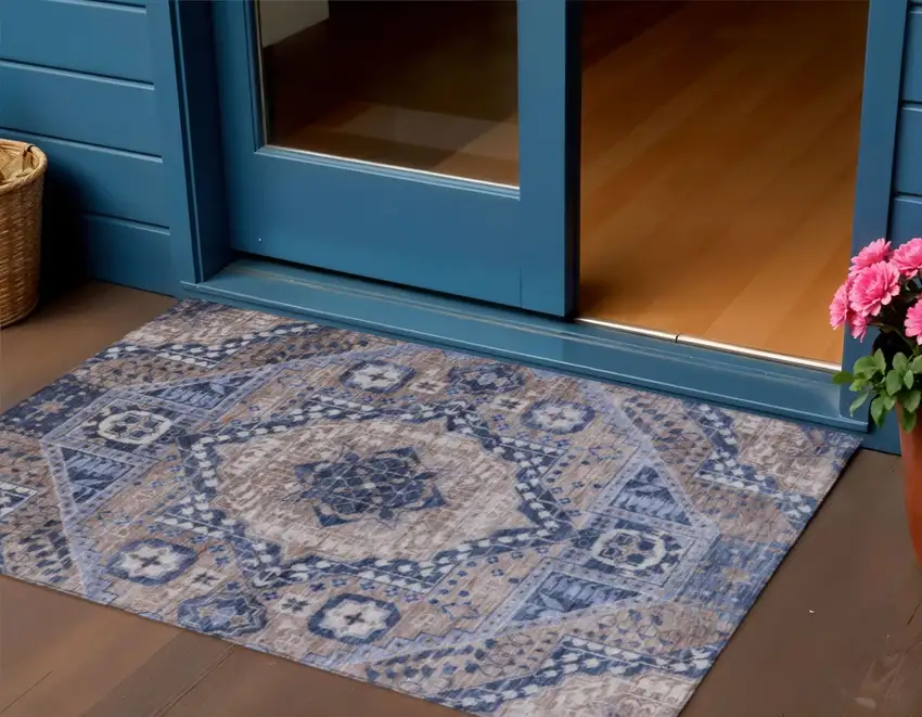 Brown And Beige Geometric Washable Indoor Outdoor Area Rug Photo 2