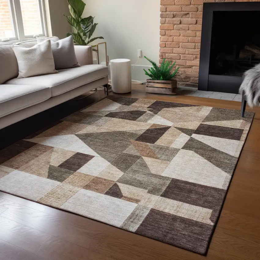 Brown And Beige Geometric Washable Indoor Outdoor Area Rug Photo 6
