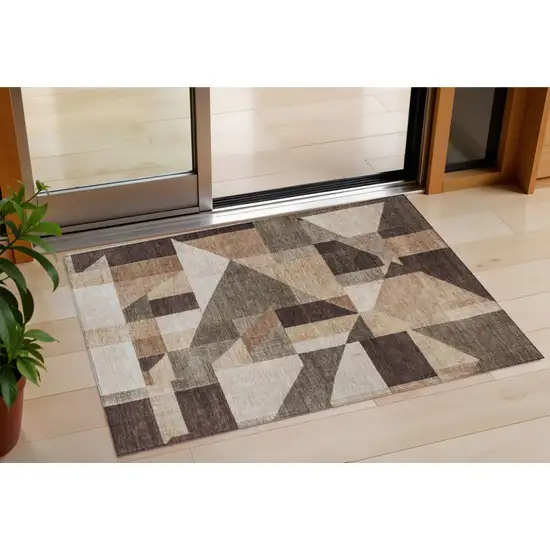Brown And Beige Geometric Washable Indoor Outdoor Area Rug Photo 1