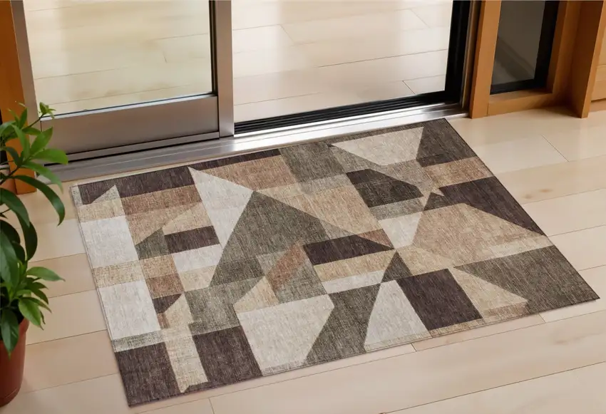 Brown And Beige Geometric Washable Indoor Outdoor Area Rug Photo 1