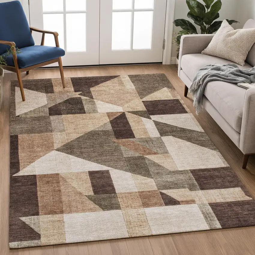 Brown And Beige Geometric Washable Indoor Outdoor Area Rug Photo 4